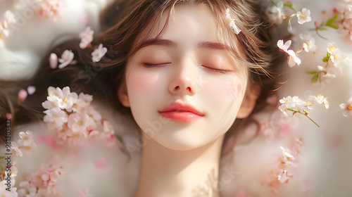 Peaceful Tranquility: A Woman Surrounded by Blossoms