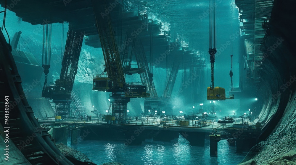A futuristic underwater tunnel construction site, where massive prefabricated tunnel sections are being lowered into place by cranes and guided by underwater drones. A futuristic underwater tunnel construction site, where massive prefabricated tunnel sections are being lowered into place by cranes and guided by underwater drones.