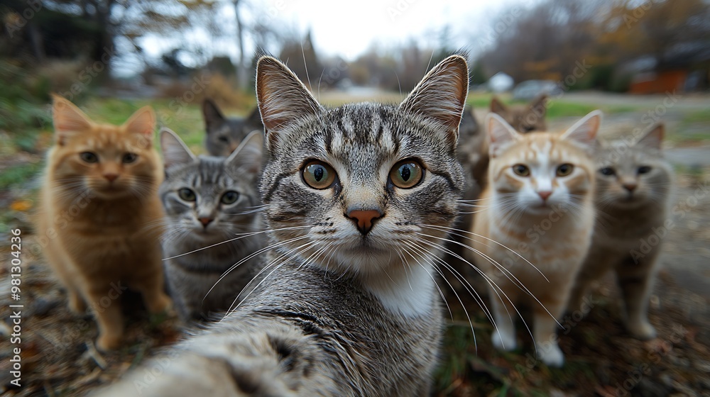 A group of cats looking directly at the camera, taking a selfie. A group of cats looking directly at the camera, taking a selfie.