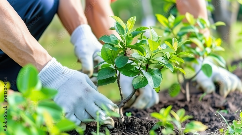 person plants small tree in ground with their gloved hands person plants small tree in ground with their gloved hands