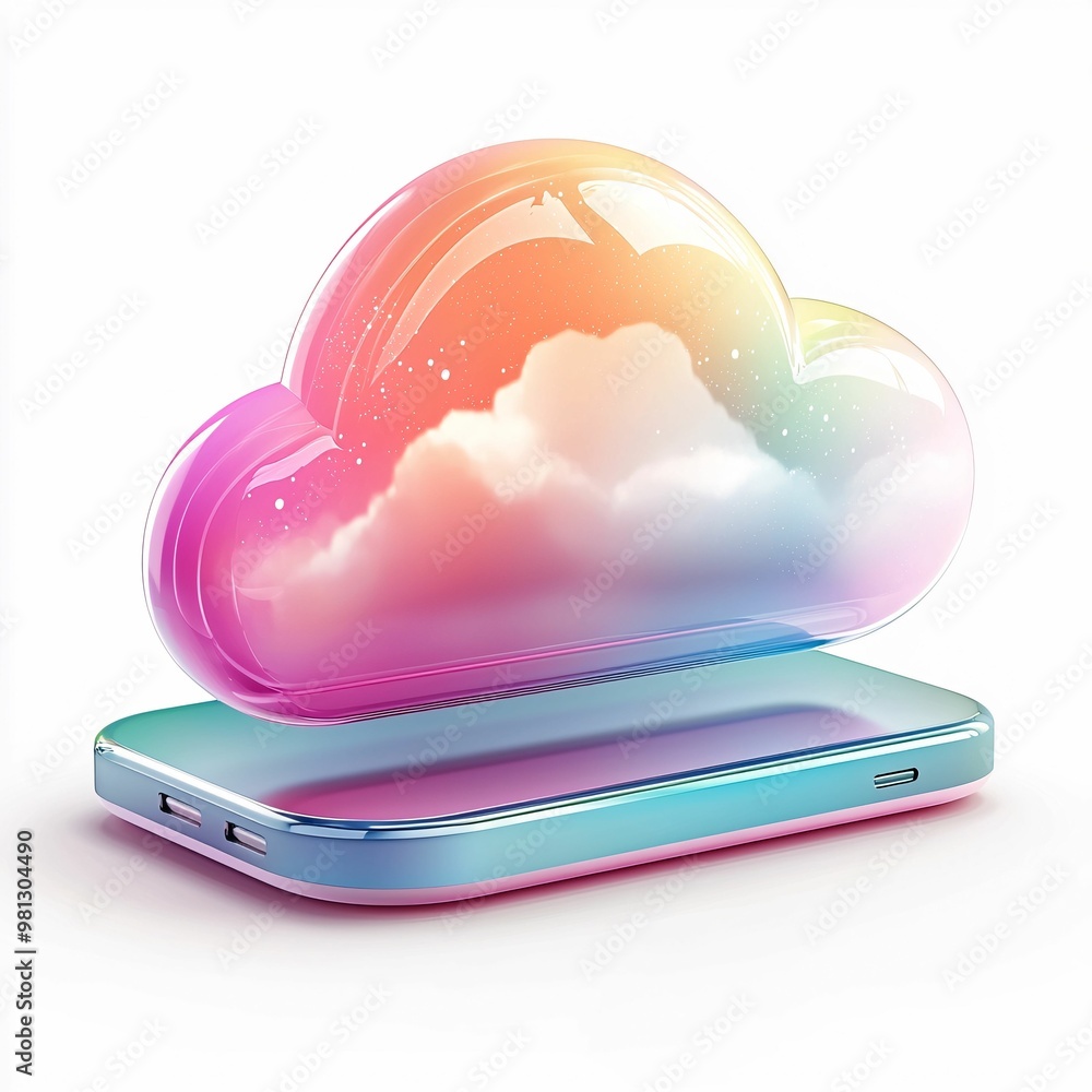 A vibrant 3D cloud icon with a rainbow gradient hovering over a smartphone, symbolizing cloud technology, data storage, and mobile connectivity. A vibrant 3D cloud icon with a rainbow gradient hovering over a smartphone, symbolizing cloud technology, data storage, and mobile connectivity.