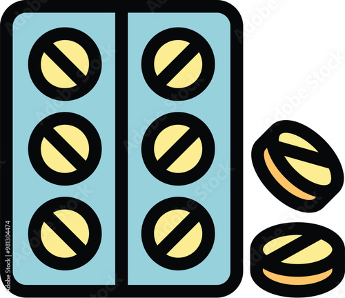 This vector illustration features a blister pack of round pills falling out, representing pharmaceutical products and healthcare
