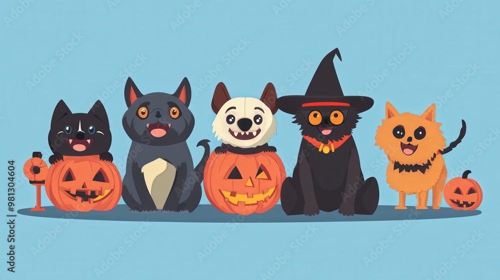 Halloween A group of cats and dogs are sitting in front of pumpkins Halloween A group of cats and dogs are sitting in front of pumpkins
