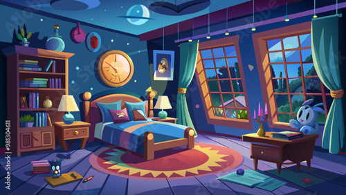 Looney Tunes style bedroom scene, colorful vector illustration perfect for kids’ stories, animations, or interior designs.