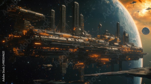 A massive space station orbiting a distant planet, with interconnected modules connected by glowing bridges. The station is a hub for interstellar travel and exploration.