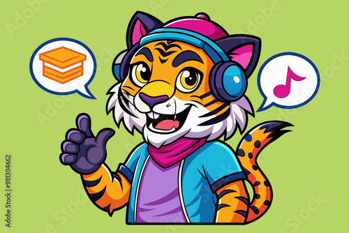 Cartoon tiger wearing headphones with a speech bubble illustration, ideal for fun and playful designs, mascot logos, and children's merchandise.