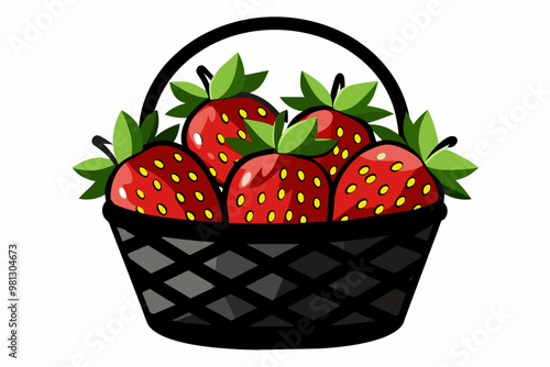 Black silhouette vector illustration of a basket of strawberries, perfect for fruit-themed designs or minimalistic art projects.