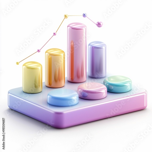 A pastel-colored 3D bar graph with connected data points displayed on a gradient platform, representing data visualization, analytics, and modern digital technology.