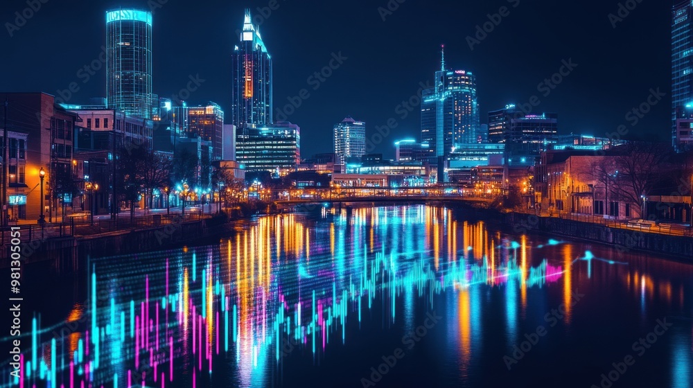 A nighttime view of Nashville's Broadway, with vibrant lights reflecting on the river. A forex hologram chart overlays the scene, showcasing digital trading activity. A nighttime view of Nashville's Broadway, with vibrant lights reflecting on the river. A forex hologram chart overlays the scene, showcasing digital trading activity.