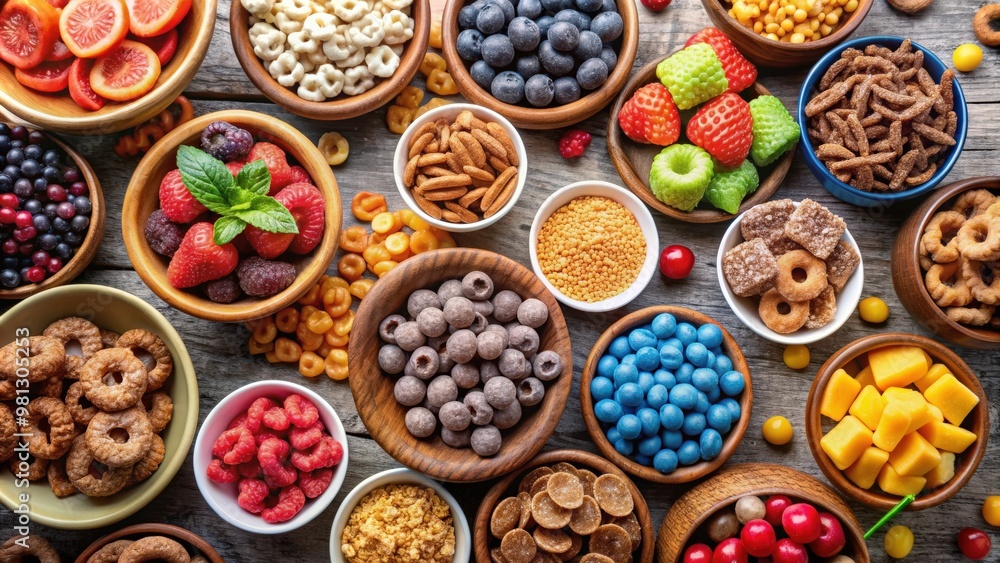 Assorted cereals, snacks, berries and candy in overhead bowls , breakfast, variety, colorful, assortment, granola Assorted cereals, snacks, berries and candy in overhead bowls , breakfast, variety, colorful, assortment, granola