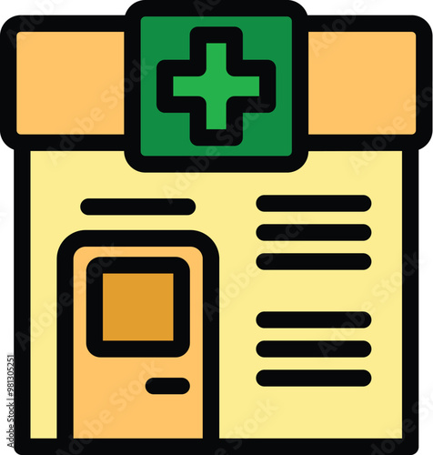 Cartoon vector icon illustration of a pharmacy store building exterior facade with a green cross sign