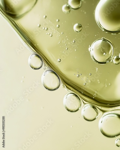 Close-up of clear oil droplets floating in a light green liquid background, suitable for use in articles or advertisements related to skincare, beauty products, and scientific imagery, photo