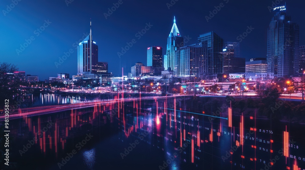 Obraz premium A scenic view of Nashville's Broadway over the river at night, illuminated by city lights