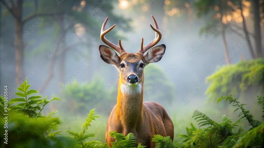 Majestic white-tailed deer stands alert in a lush green forest, its large brown eyes and gentle features radiating serenity in the early morning mist. Majestic white-tailed deer stands alert in a lush green forest, its large brown eyes and gentle features radiating serenity in the early morning mist.