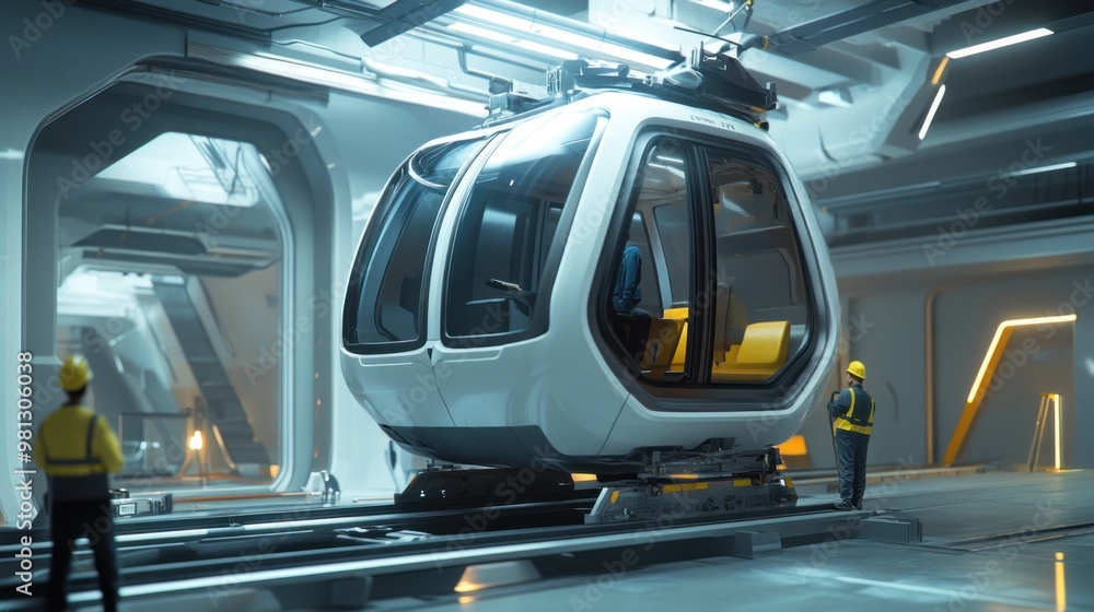 A sleek, modern cable car cabin being installed on the tracks of a futuristic transportation system. Engineers and workers ensure the mechanics function smoothly for the first test run. A sleek, modern cable car cabin being installed on the tracks of a futuristic transportation system. Engineers and workers ensure the mechanics function smoothly for the first test run.