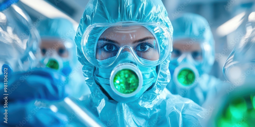 Medical professionals in protective gear working in a laboratory environment, focused on research and safety protocols. Medical professionals in protective gear working in a laboratory environment, focused on research and safety protocols.