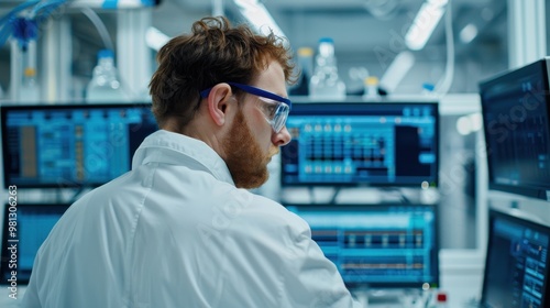 Scientist in a lab coat and protective glasses analyzing information on multiple computer screens, working in a high-tech laboratory environment.