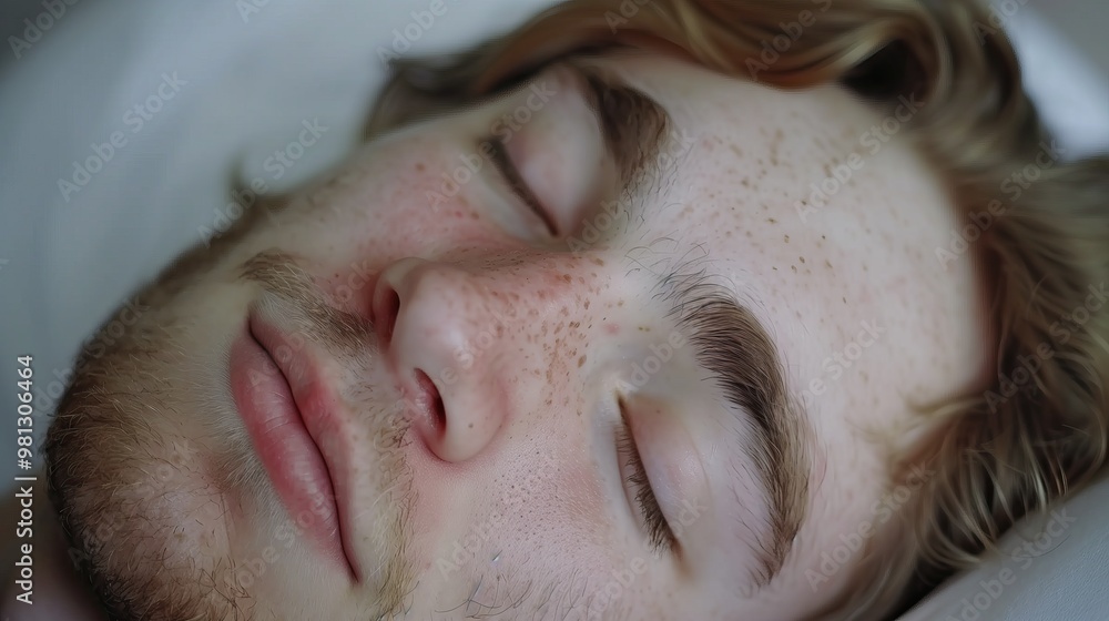 Naklejka premium Close-up of young man's face sleeps peacefully