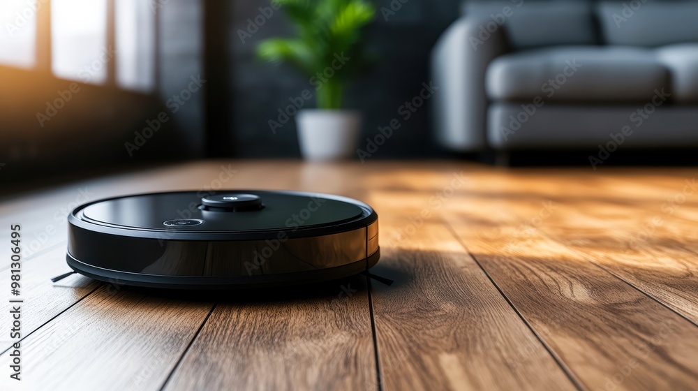 A sleek robotic vacuum cleaner on a wooden floor in a modern living room with natural light, perfect for showcasing smart home technology, A sleek robotic vacuum cleaner on a wooden floor in a modern living room with natural light, perfect for showcasing smart home technology,
