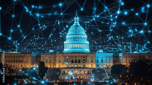 The Capitol Dome at night, with Congress illuminated. Holograms of artificial intelligence and neural networks overlay the scene, representing the integration of AI and political decision-making.