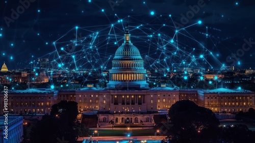 The Capitol Dome at night, with Congress illuminated. Holograms of artificial intelligence and neural networks overlay the scene, representing the integration of AI and political decision-making.
