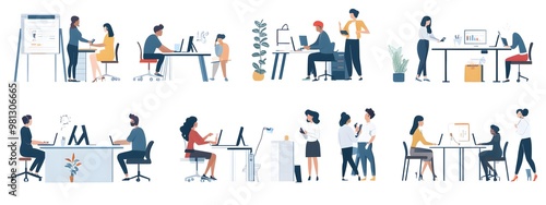 A set of flat illustrations depicting people in various work scenes, such as sitting at desks and standing up to dock their phones with charging cables, talking around the table or working on computer
