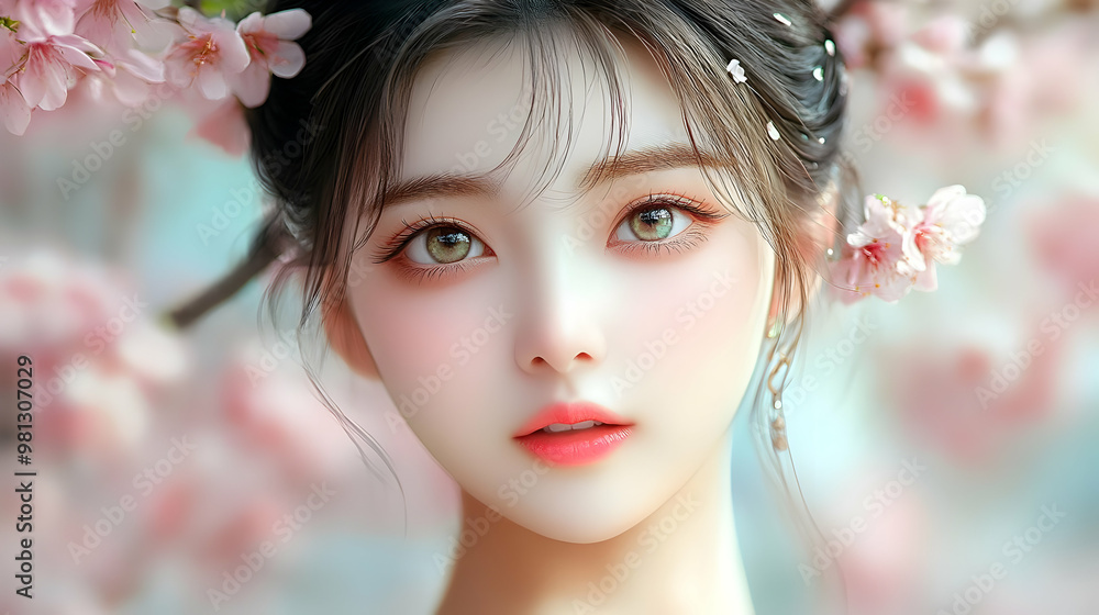 Beautiful Woman in a Field of Blossoms, Elegant and Serene Beautiful Woman in a Field of Blossoms, Elegant and Serene