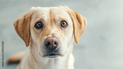 Close-up shot of a Labrador Retriever with light brown fur and expressive eyes, staring directly at the camera, capturing a curious and gentle expression.