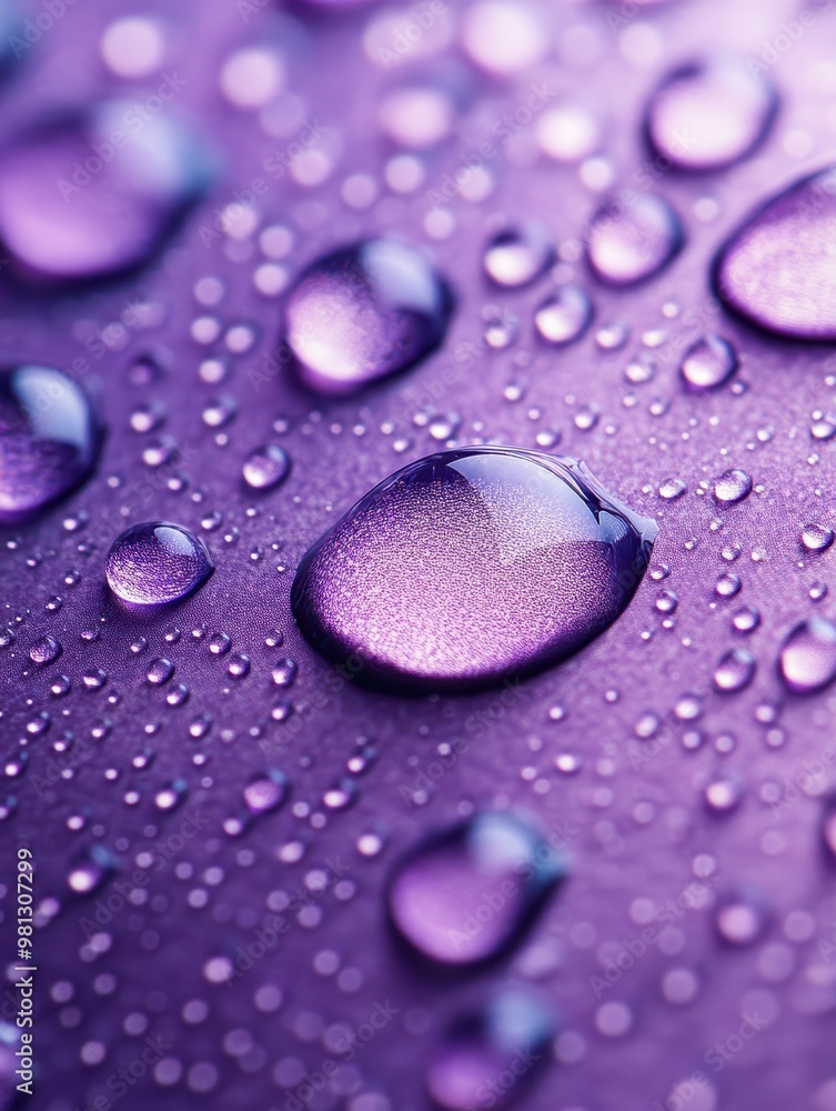 Close-up image of water droplets on a purple surface, ideal for backgrounds, themes of freshness, hydration, or beauty products, Droplets shimmer with a gradient effect Close-up image of water droplets on a purple surface, ideal for backgrounds, themes of freshness, hydration, or beauty products, Droplets shimmer with a gradient effect