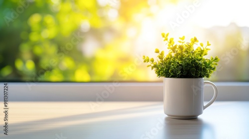 Wallpaper Mural A white mug with a green plant sits on a sunlit windowsill, providing a fresh and serene ambiance, ideal for articles or blogs about home decor, indoor gardening, or relaxation, Torontodigital.ca