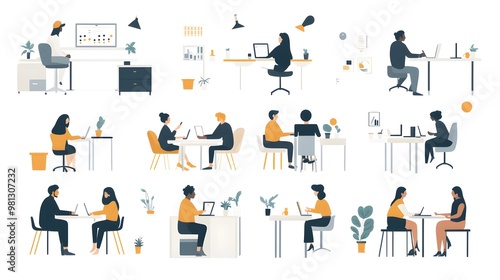 A set of flat illustrations depicting people in various work scenes, such as sitting at desks and standing up to dock their phones with charging cables, talking around the table or working on computer