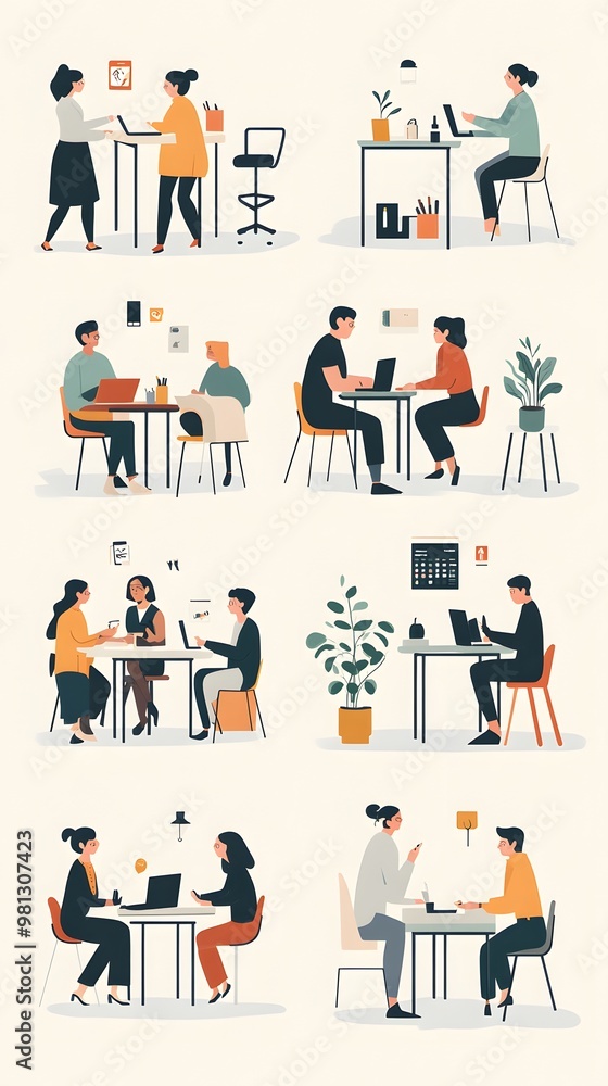A set of flat illustrations depicting people in various work scenes, such as sitting at desks and standing up to dock their phones with charging cables, talking around the table or working on computer A set of flat illustrations depicting people in various work scenes, such as sitting at desks and standing up to dock their phones with charging cables, talking around the table or working on computer