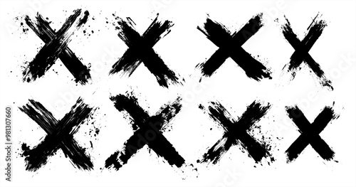 X black cross mark set sketch grunge. Hand drawn crossed Strikethrough textured brush strokes. Crosshairs symbols charcoal or marker hand drawn lines black ink splashes. Vector illustration collection