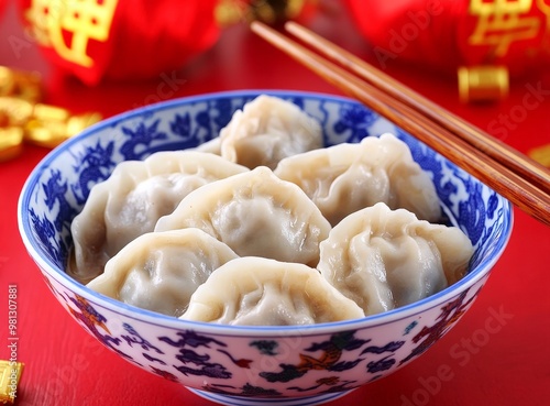 Traditional chinese dumplings in decorative porcelain bowl on festive red background photo