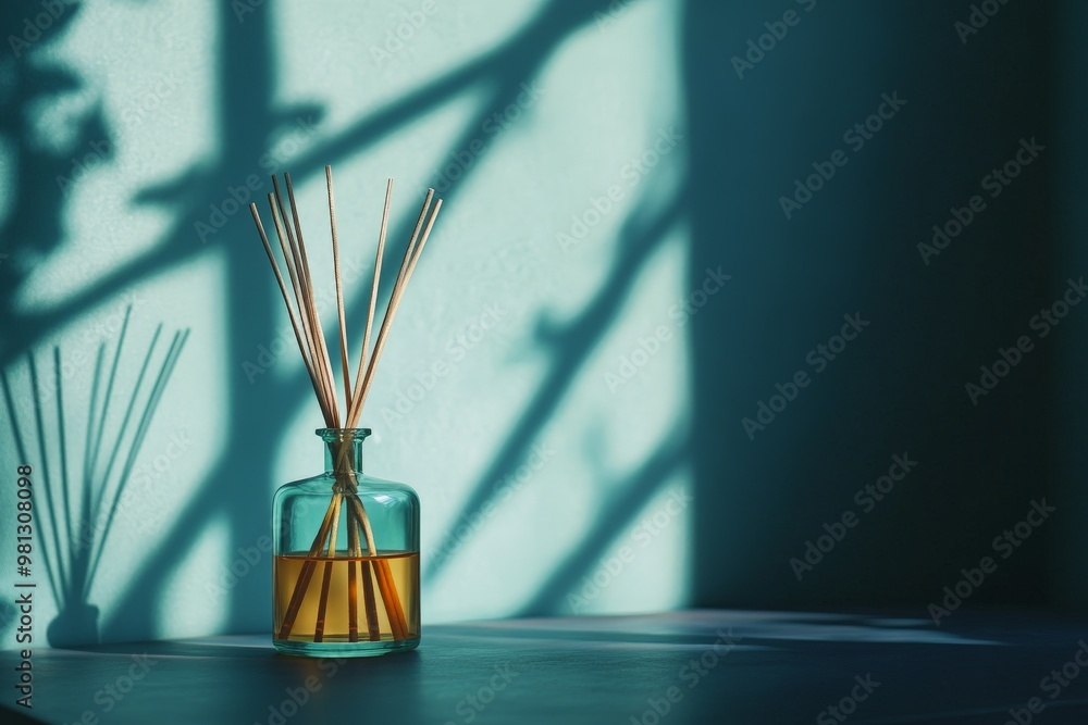 Tranquil aromatherapy diffuser on table with sunlit shadows and mint green wall Tranquil aromatherapy diffuser on table with sunlit shadows and mint green wall