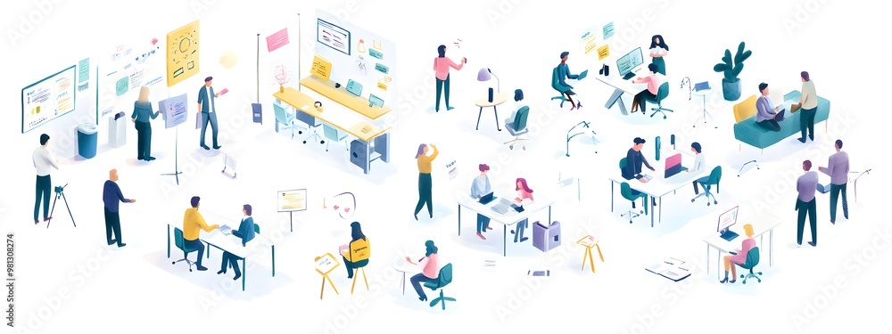 A set of flat illustrations depicting people in various work scenes, such as sitting at desks and standing up to dock their phones with charging cables, talking around the table or working on computer A set of flat illustrations depicting people in various work scenes, such as sitting at desks and standing up to dock their phones with charging cables, talking around the table or working on computer