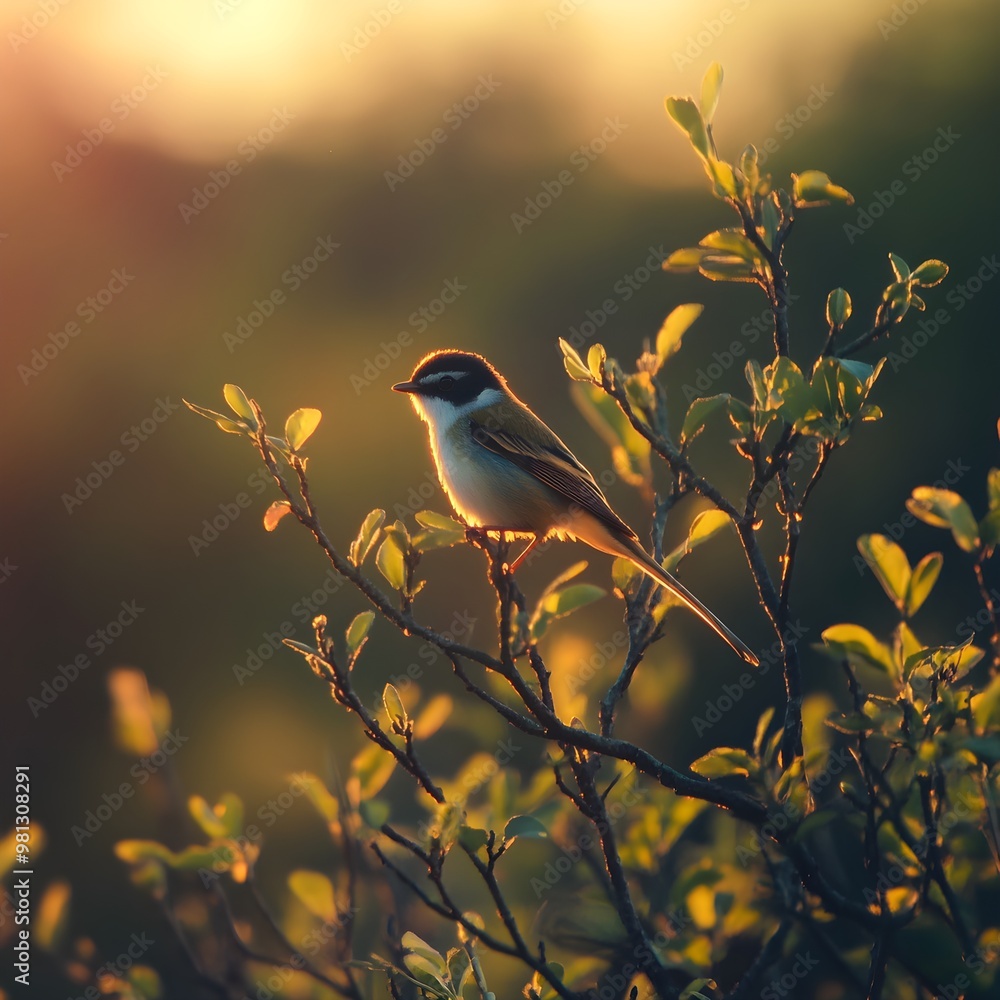 Obraz premium Nature scene with house, bird, and sunset glow picture