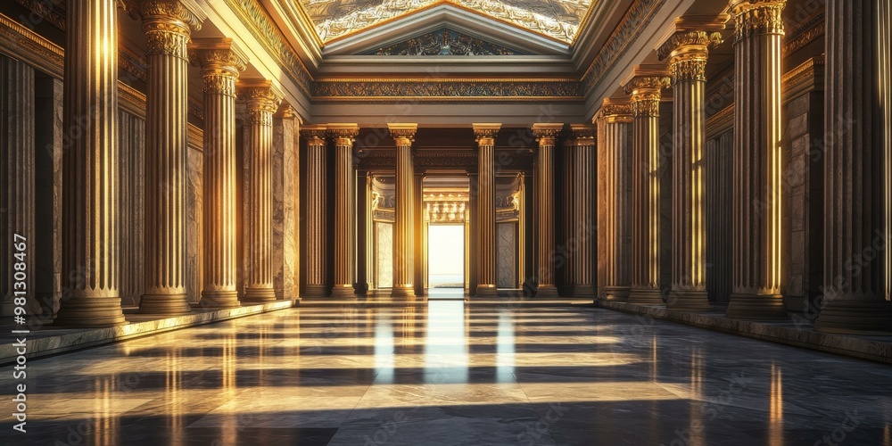 Fototapeta premium Golden pillars in an ancient hall with a view.