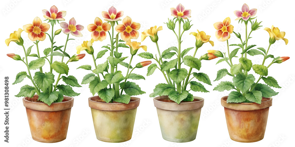 Set of Four Small Separate Mimulus Guttatus (Seep Monkeyflower) Plants Isolated on Transparent Background, Great for Floral and Wetland Plant Projects Set of Four Small Separate Mimulus Guttatus (Seep Monkeyflower) Plants Isolated on Transparent Background, Great for Floral and Wetland Plant Projects