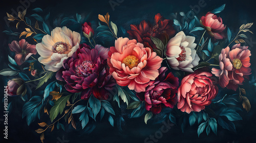 Wallpaper Mural Dark Background Featuring Richly Colored Baroque Peonies Torontodigital.ca