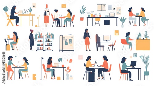 A set of flat illustrations depicting people in various work scenes, such as sitting at desks and standing up to dock their phones with charging cables, talking around the table or working on computer