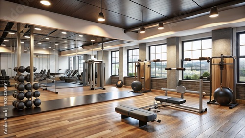 Modern exercise equipment and free weights scattered around a sleek, industrial-style fitness center with mirrors, wooden floors, and inspirational wall decals. photo