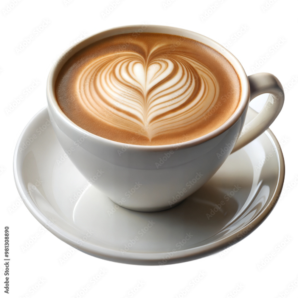 Side view of hot latte coffee with latte art in a ceramic white cup and saucer isolated on white background Side view of hot latte coffee with latte art in a ceramic white cup and saucer isolated on white background