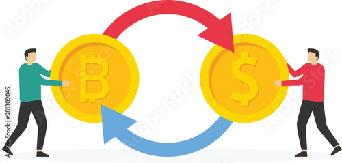 Businessman and woman partner exchanging dollars for bitcoin, cryptocurrency trading. Flat vector illustration.

