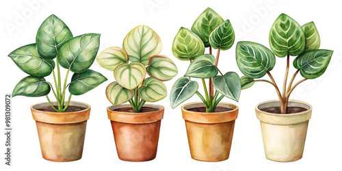 Set of Four Small Separate Peperomia Obtusifolia (Baby Rubber Plant) Plants Isolated on Transparent Background, Ideal for Indoor Gardening and Decorative Projects photo