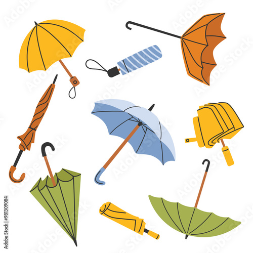 Set of different colorful umbrellas. Open and folded umbrellas, walking stick, automatic collapsible, rainy seasons. Hand drawn vector illustration isolated on white background.