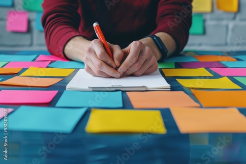 A close-up of hands writing on a notepad with colorful sticky notes spread across the table, capturing a creative brainstorming session in progress. photo