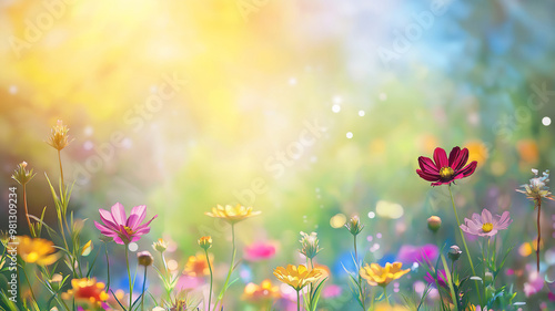 Bright Floral Meadow Under Blue Sky with Sunbeams and Bokeh for Greeting Card