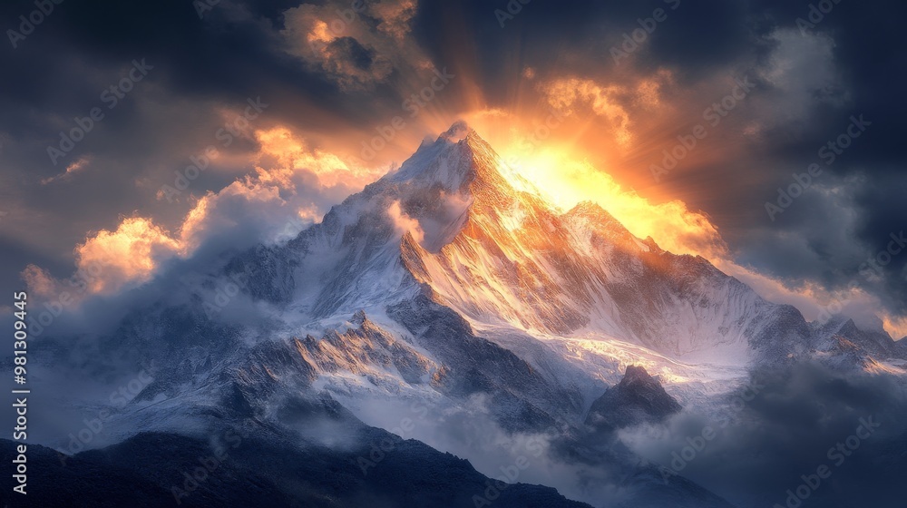 Majestic Snow-Capped Mountain Peak Illuminated by Golden Sunset Majestic Snow-Capped Mountain Peak Illuminated by Golden Sunset