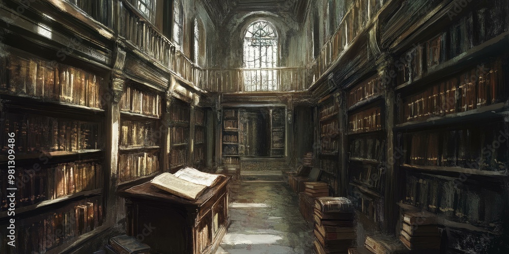 Fototapeta premium A dusty, old library with bookcases and an open book.